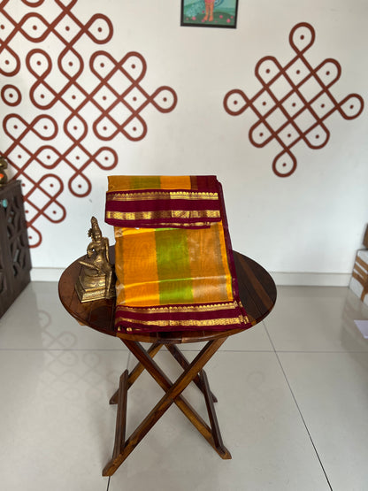 Korvai  Multi coloured silk cotton-Lime Green, Turmeric Yellow & Sapotta with Vaadamalli Purple