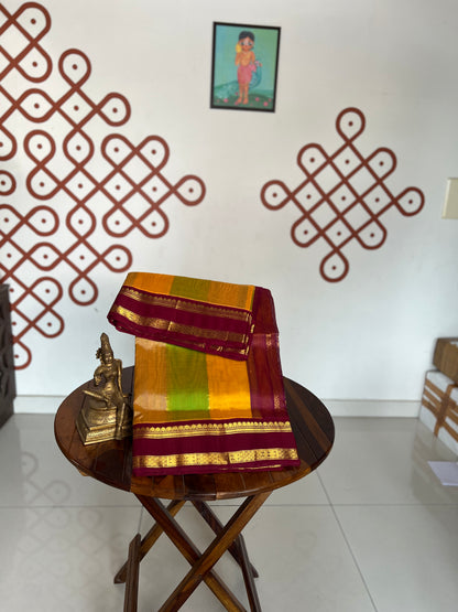 Korvai  Multi coloured silk cotton-Lime Green, Turmeric Yellow & Sapotta with Vaadamalli Purple