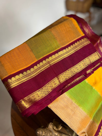 Korvai  Multi coloured silk cotton-Lime Green, Turmeric Yellow & Sapotta with Vaadamalli Purple