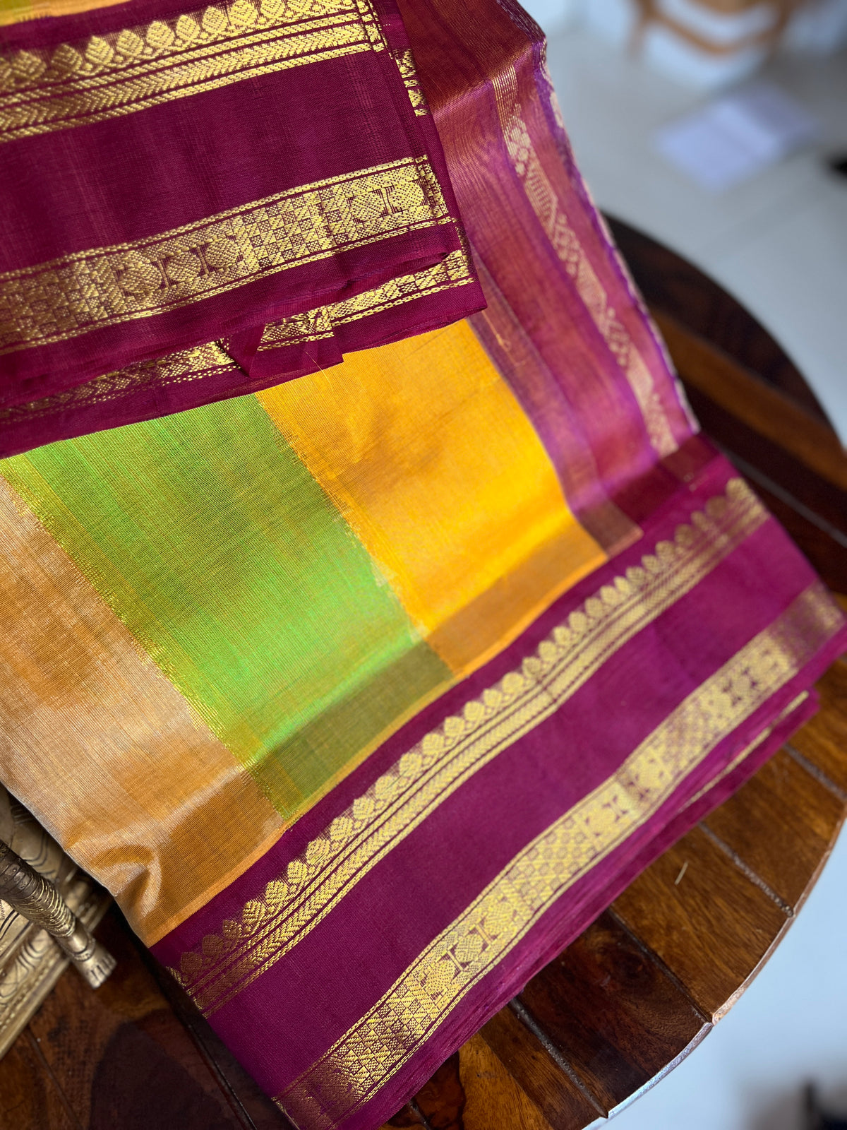 Korvai  Multi coloured silk cotton-Lime Green, Turmeric Yellow & Sapotta with Vaadamalli Purple