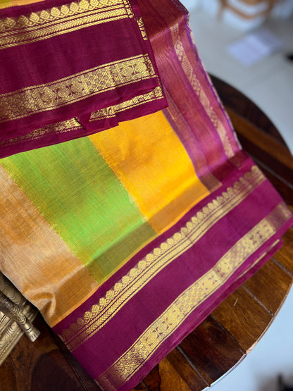 Korvai  Multi coloured silk cotton-Lime Green, Turmeric Yellow & Sapotta with Vaadamalli Purple