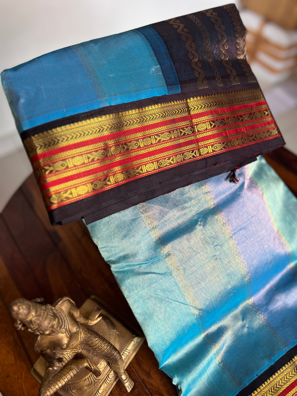 Korvai  Multi coloured silk cotton-Ice Blue & Powder Blue , Rosemilk Pink with coffee brown pallu
