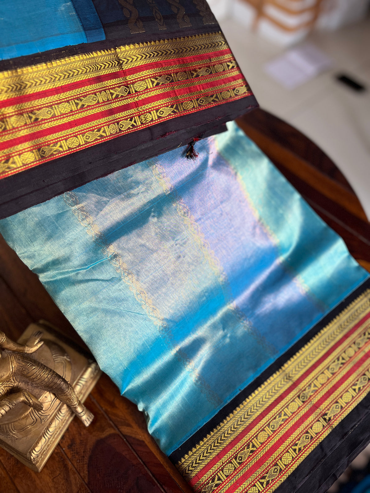 Korvai  Multi coloured silk cotton-Ice Blue & Powder Blue , Rosemilk Pink with coffee brown pallu