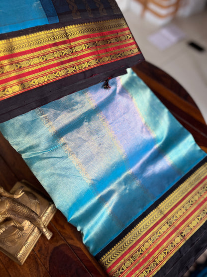 Korvai  Multi coloured silk cotton-Ice Blue & Powder Blue , Rosemilk Pink with coffee brown pallu