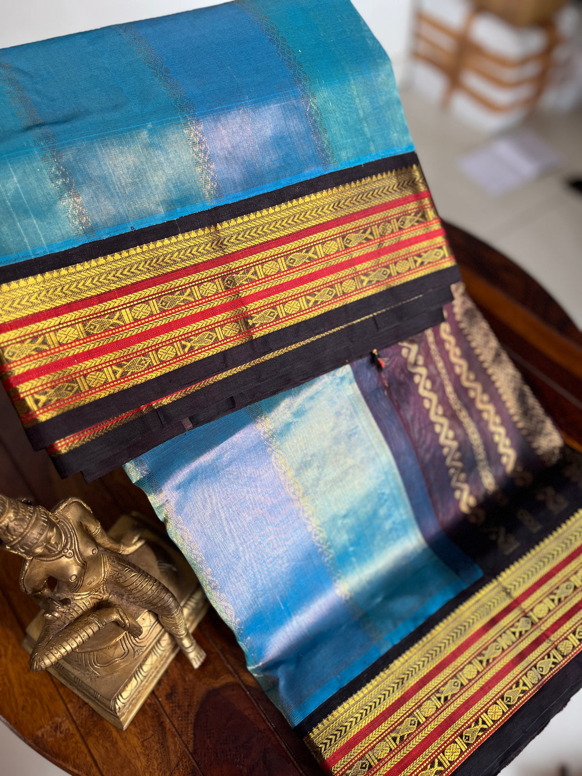 Korvai  Multi coloured silk cotton-Ice Blue & Powder Blue , Rosemilk Pink with coffee brown pallu