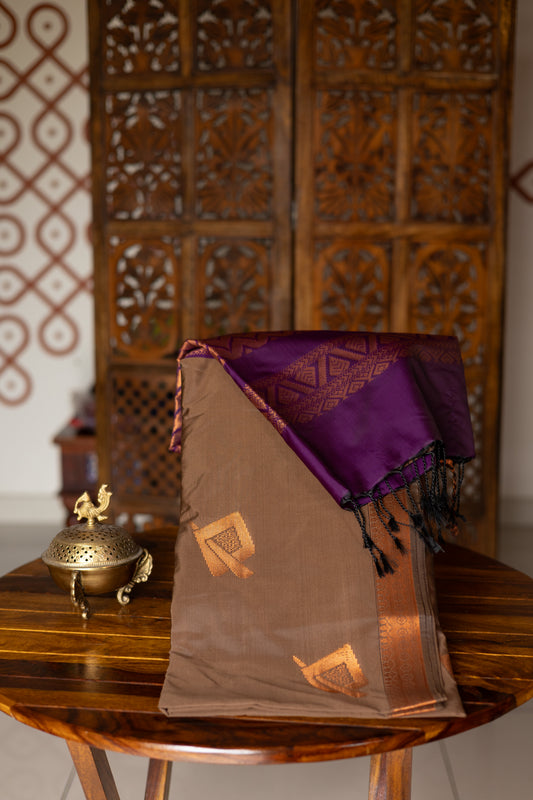 Chocolate Cocoa Semi Soft Silk Saree with Purple Pallu