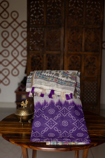 Purple Kota Linen Saree with Bandhini Print Body & Madhubani Pallu