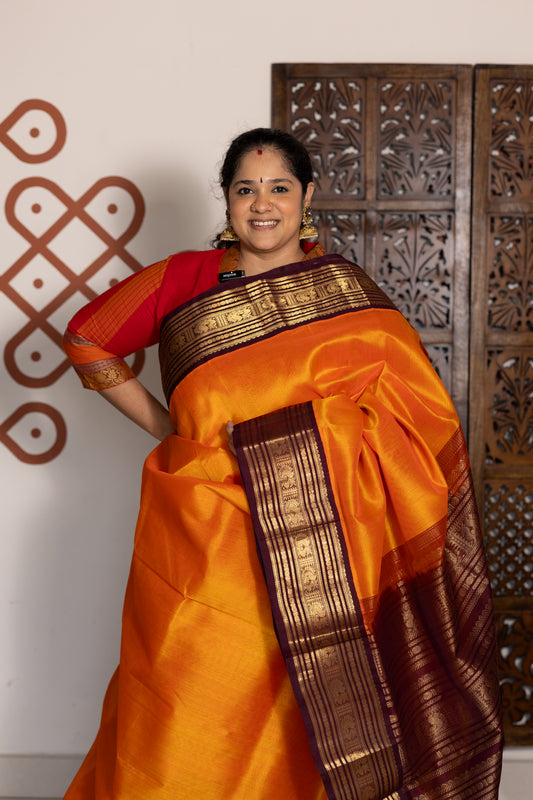Sunset Orange with coffee brown Korvai Silk Cotton
