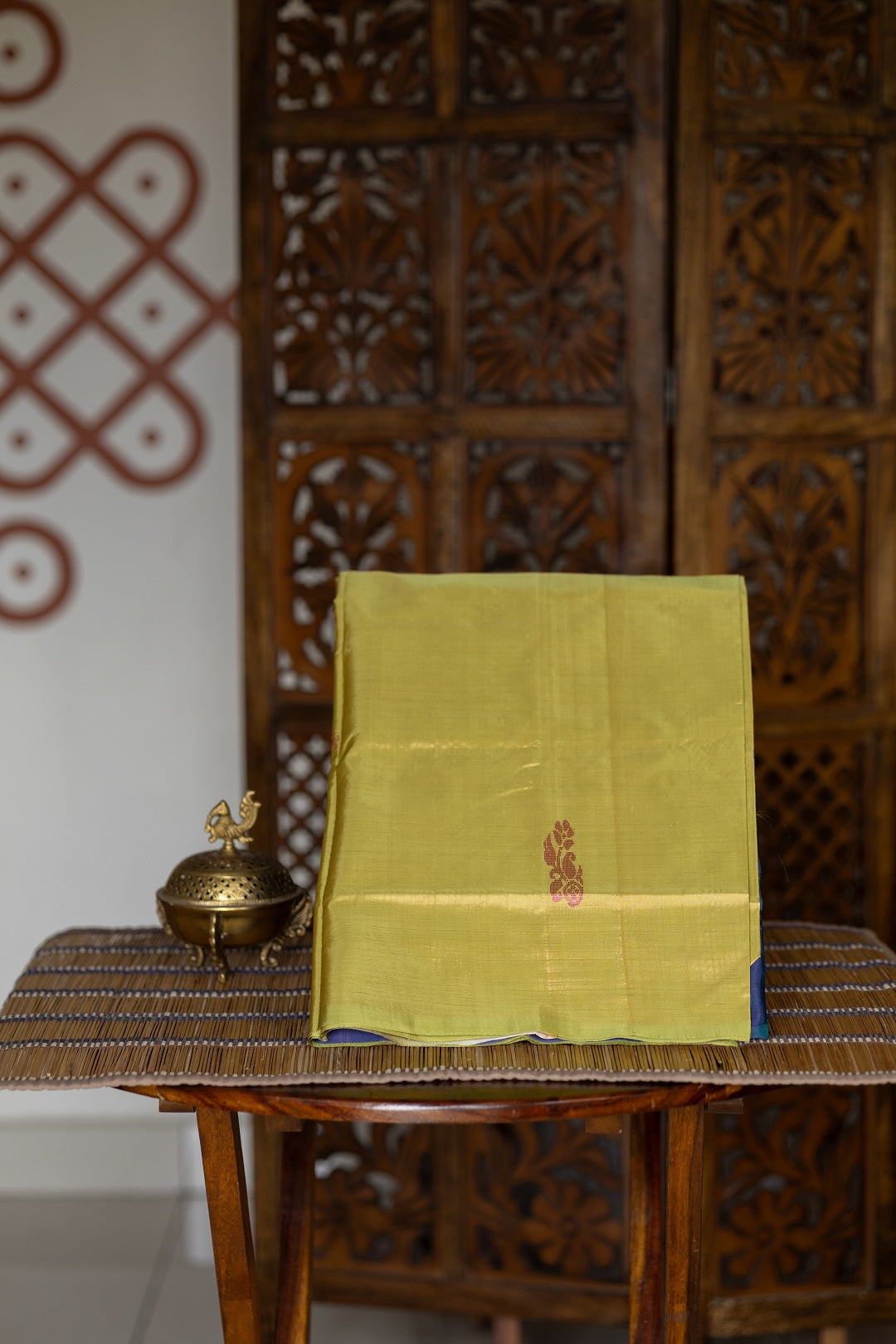 Light Olive Yellow Chinnalampattu Saree with Peacock Blue