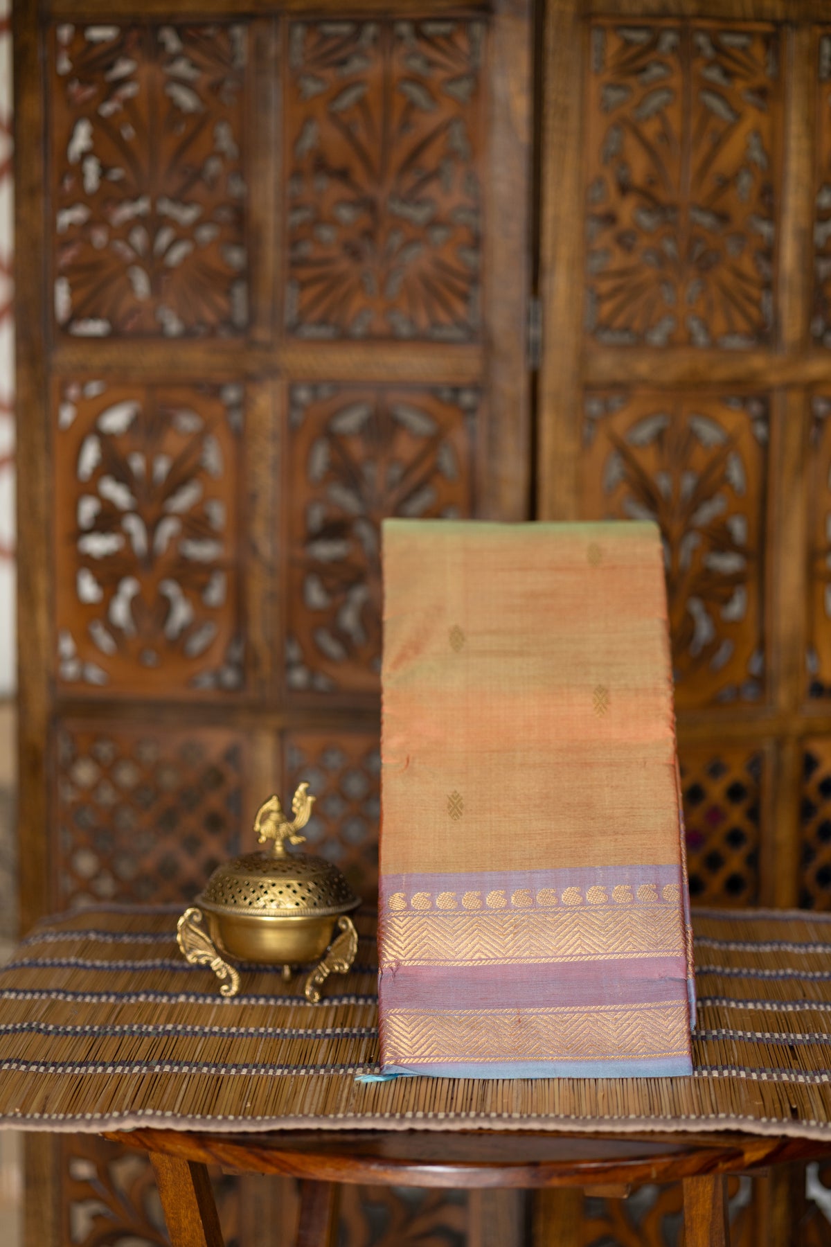 Orange Saree with Gold Zari Buttas & Sky Blue Pallu