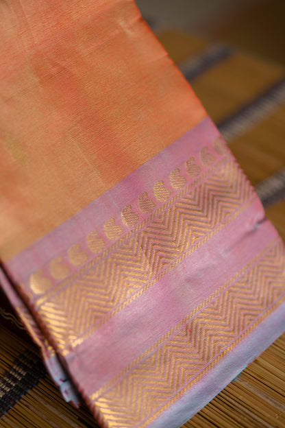 Orange Saree with Gold Zari Buttas & Sky Blue Pallu