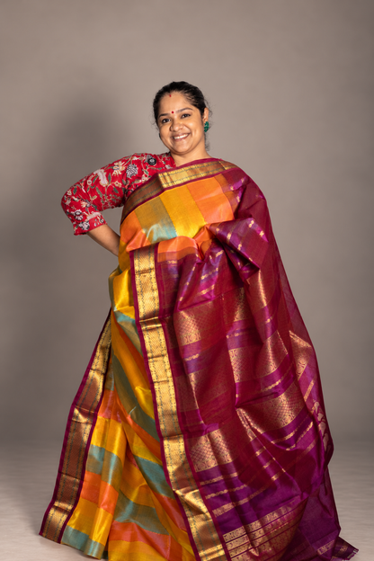 Korvai  Multi coloured silk cotton- Ice Blue, Dual shade Pinkish Orange & Turmeric Yellow with Vaadamalli Purple