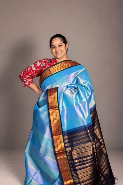 Korvai  Multi coloured silk cotton-Ice Blue & Powder Blue , Rosemilk Pink with coffee brown pallu