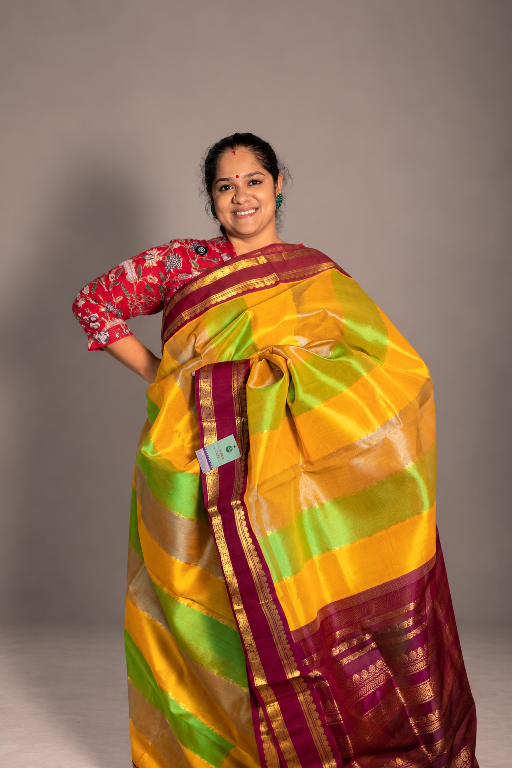 Korvai  Multi coloured silk cotton-Lime Green, Turmeric Yellow & Sapotta with Vaadamalli Purple