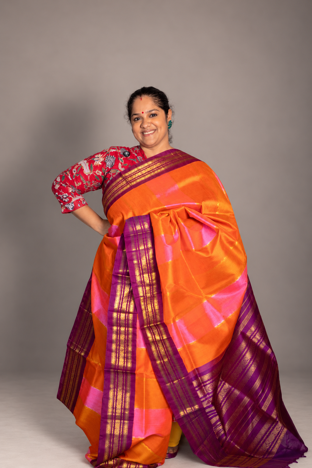 Korvai Multi coloured silk cotton-Rose Milk, Sun Set Yellow & Tangerine Orange