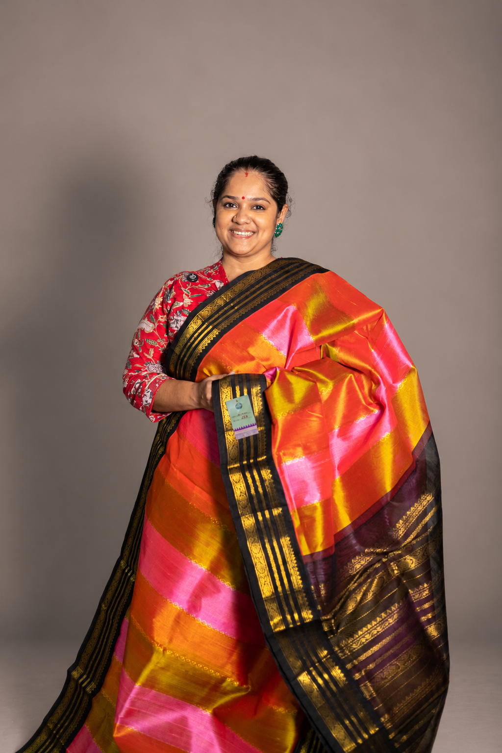 Korvai  Multi coloured silk cotton- Golden Vendhayam, Sunset Yellow & Rose Milk Pink with Black Border