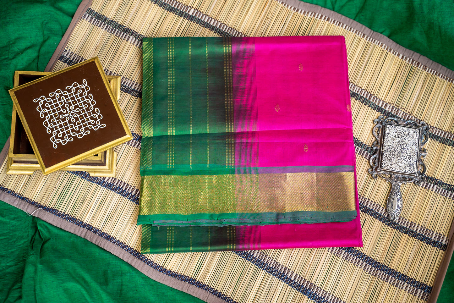 Dark Pink with meenakshi green silk cotton