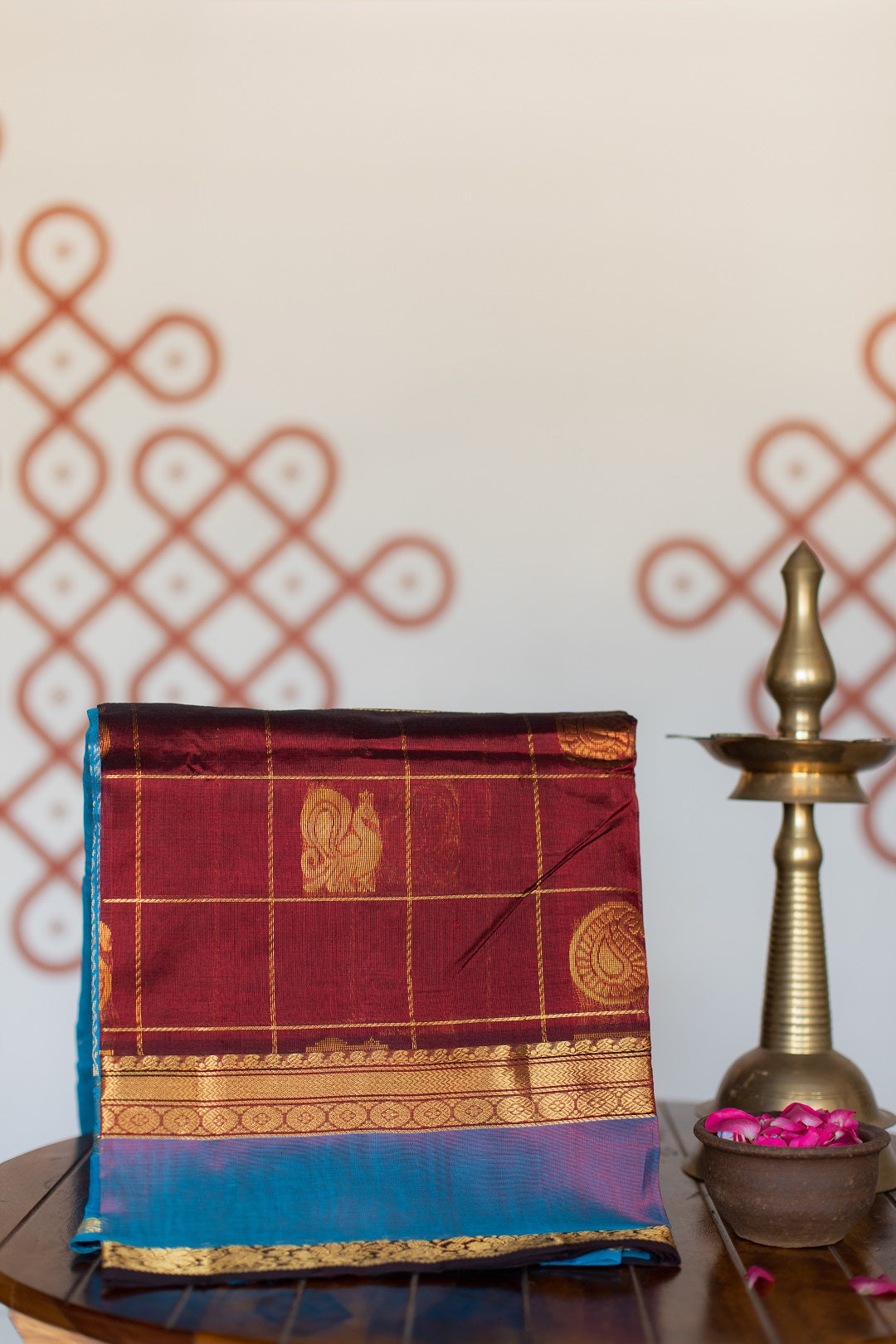 Maroon with azure blue - Peacock & mango butta checks - with rettaipet border