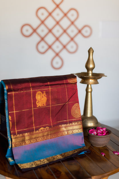Maroon with azure blue - Peacock & mango butta checks - with rettaipet border