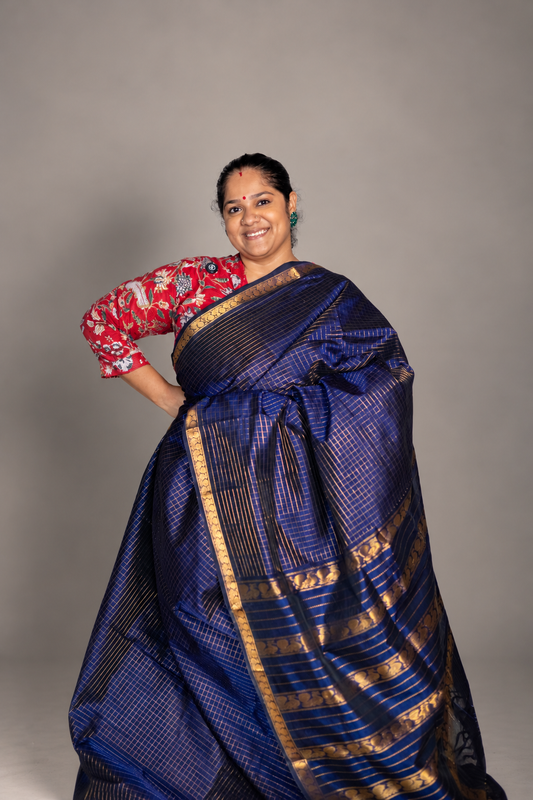 Small Border Vintage Muthukattam - Navy Blue