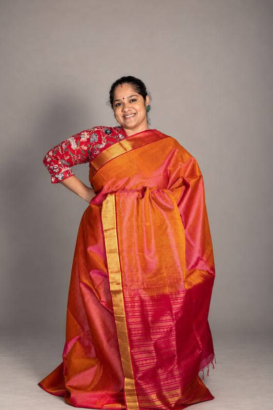Vintage podi  Muthukattam silk cotton - Dual shade Orangish Pink with Rani pink Pallu