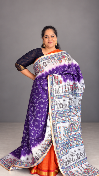 Purple Kota Linen Saree with Bandhini Print Body & Madhubani Pallu