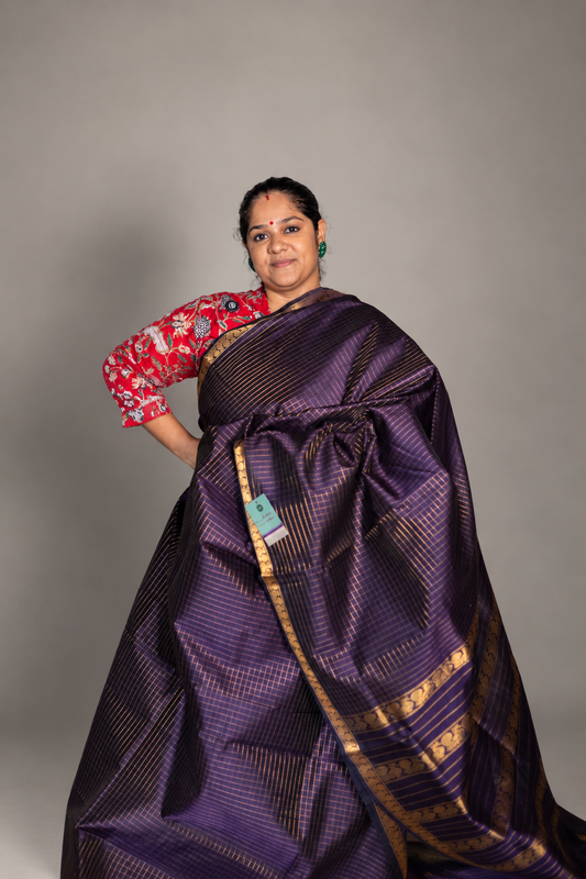Small Border Vintage Muthukattam - Brinjal Violet