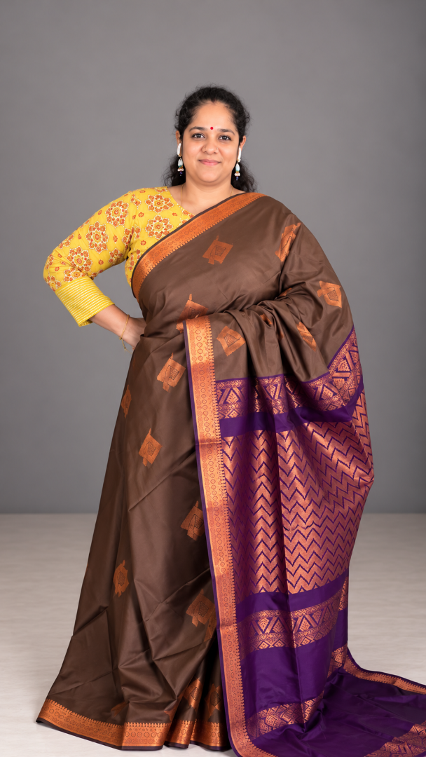 Chocolate Cocoa Semi Soft Silk Saree with Purple Pallu