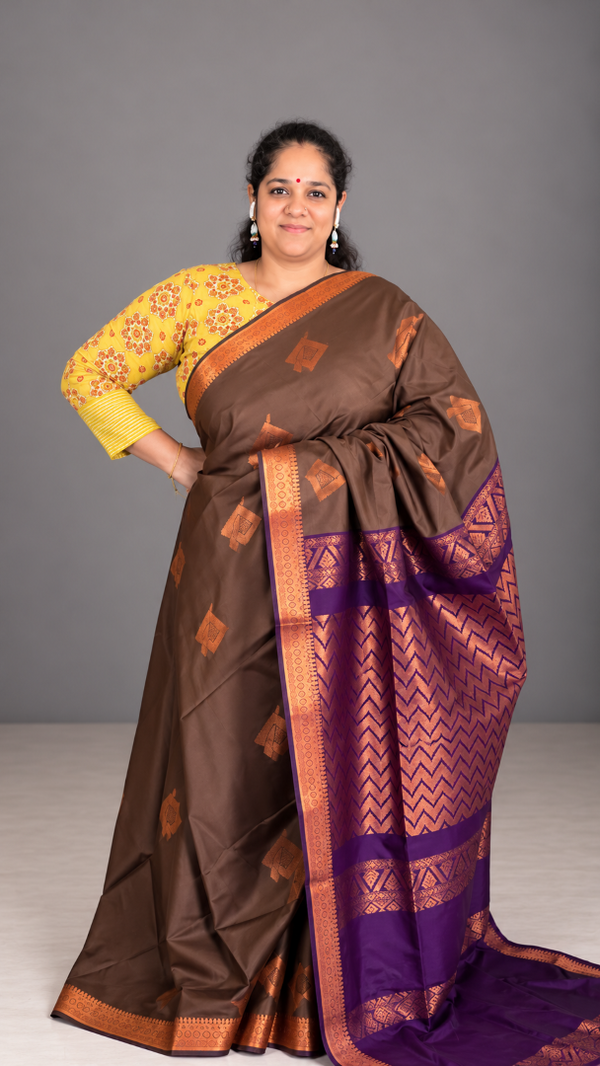 Chocolate Cocoa Semi Soft Silk Saree with Purple Pallu