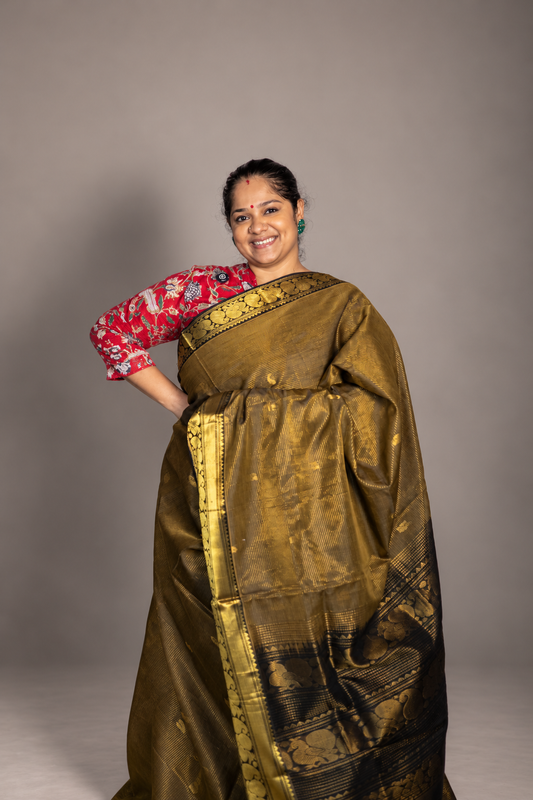 Vintage vairaoosi  silk cotton - Dark Metallic Copper with Black Pallu