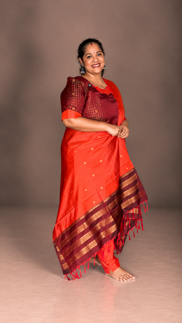 Coffee Brown & Rust Orange Muthukattam Soft Silk - 3 Pc Suit Set