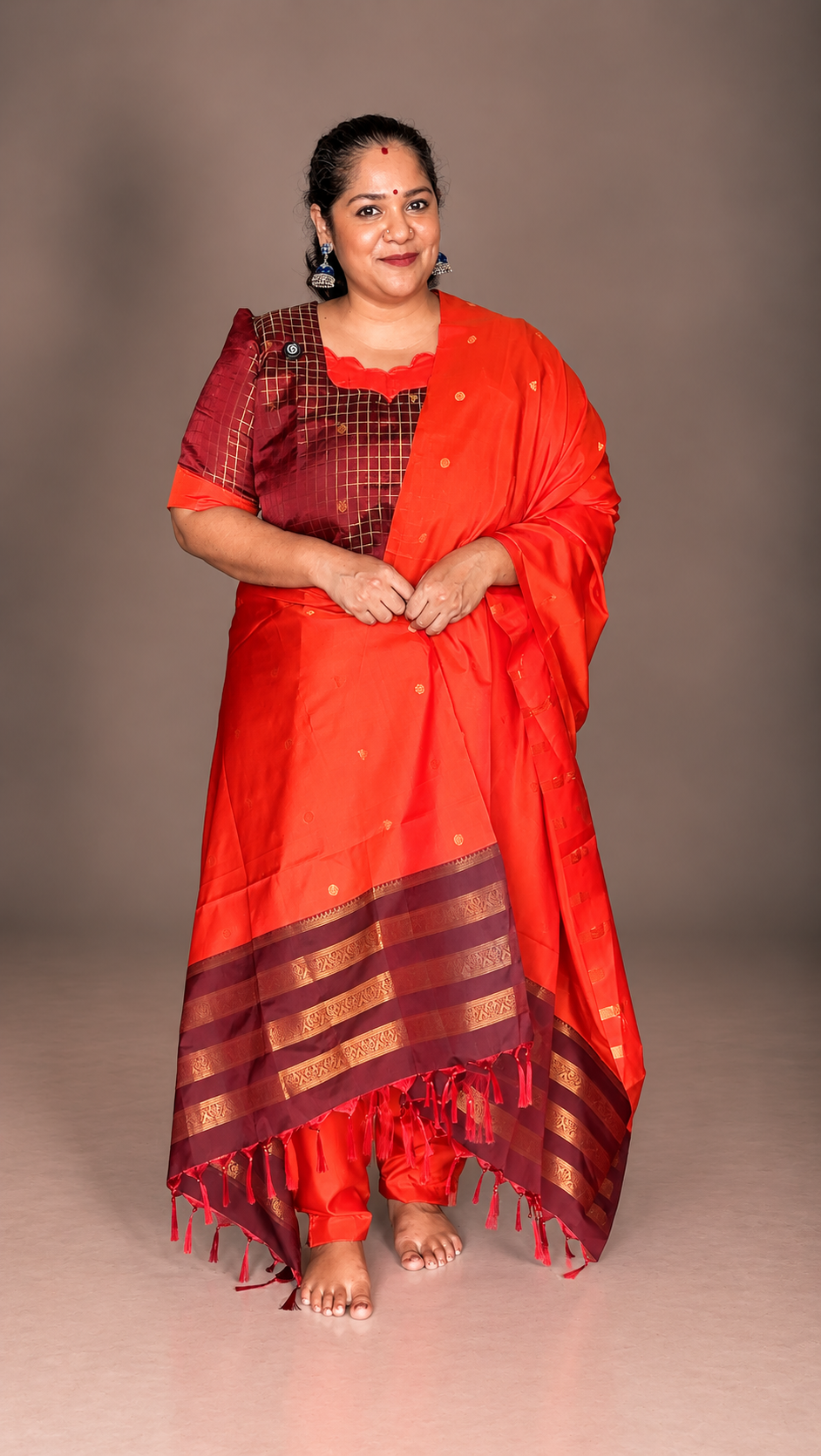 Coffee Brown & Rust Orange Muthukattam Soft Silk - 3 Pc Suit Set