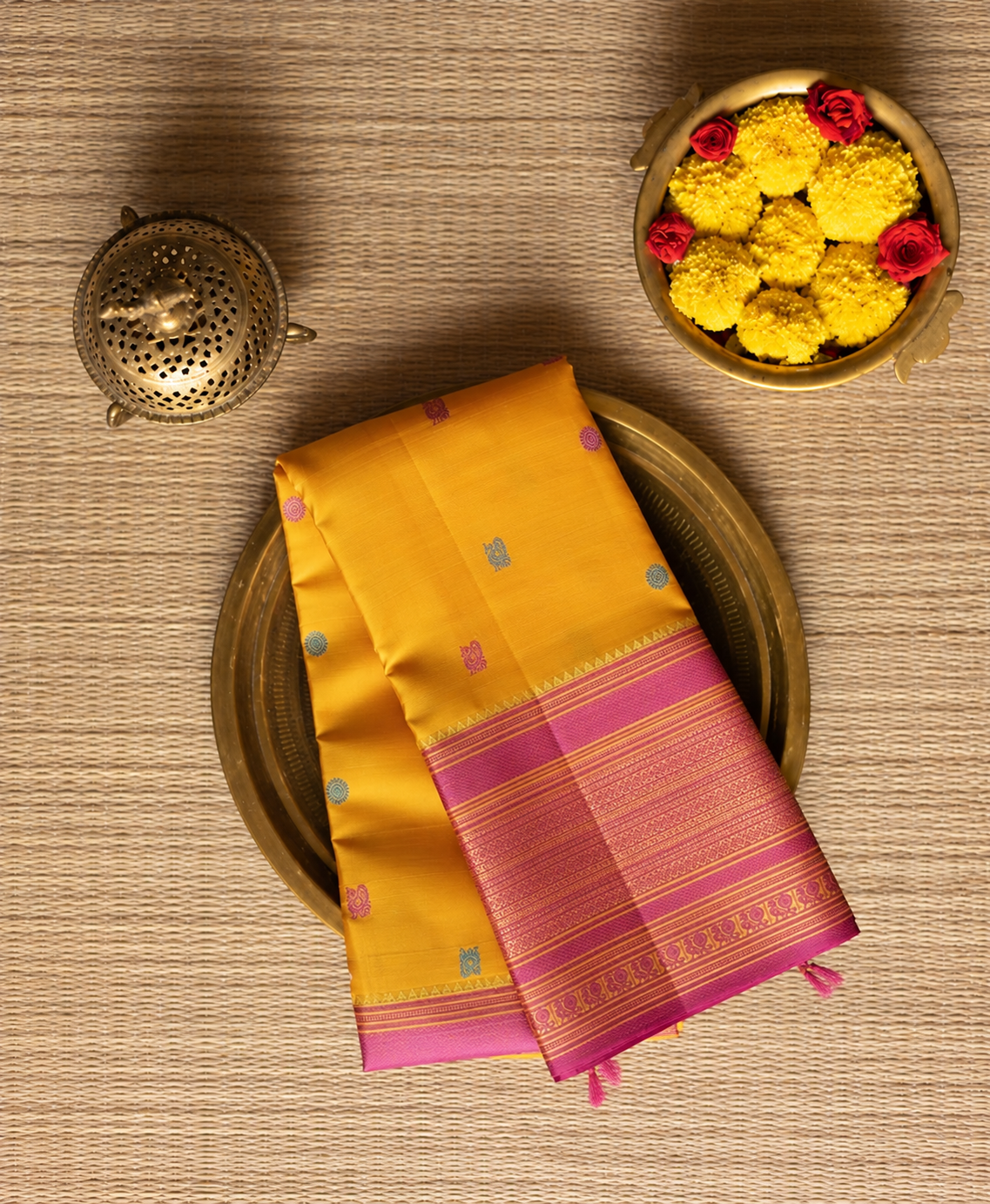 Turmeric Yellow with mauve pink thread work saree