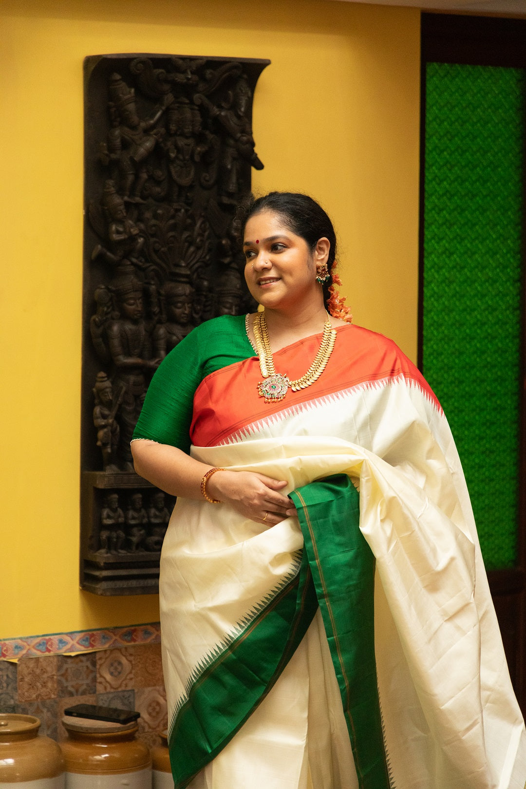 Half white with Orange and Green Ganga Jamuna Border (with Green Pallu)