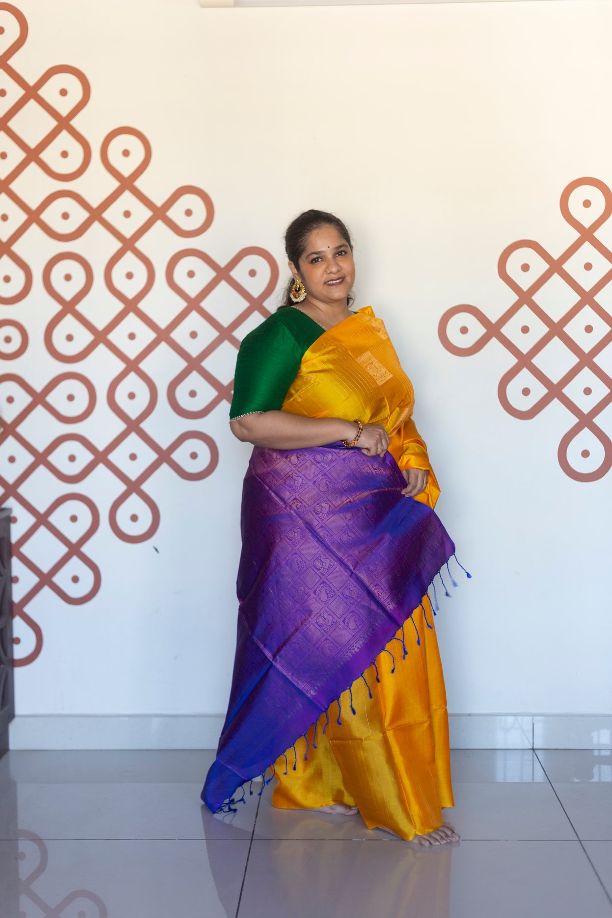 Golden yellow with purple - square annam buttas (Soft Silk)