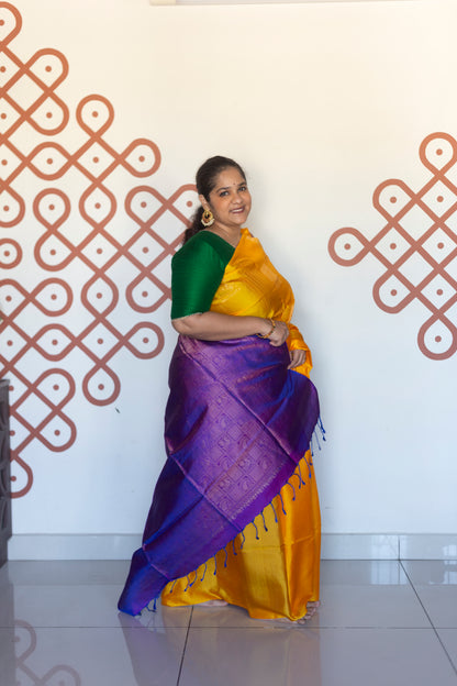 Golden yellow with purple - square annam buttas (Soft Silk)