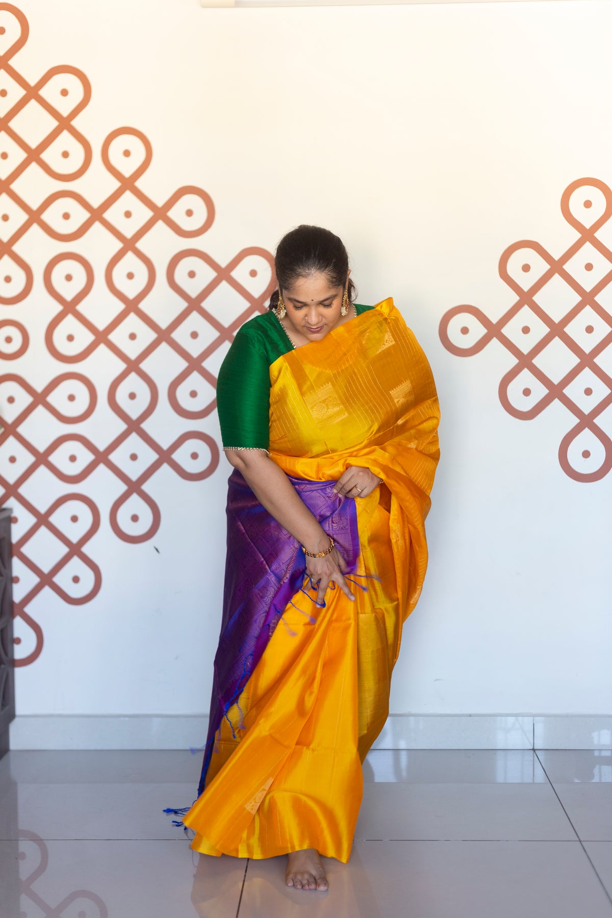 Golden yellow with purple - square annam buttas (Soft Silk)