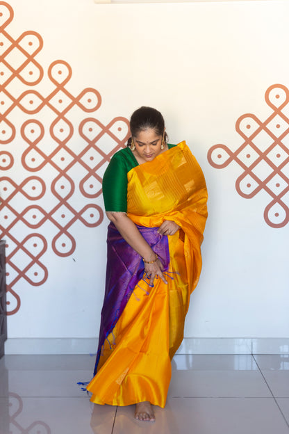 Golden yellow with purple - square annam buttas (Soft Silk)
