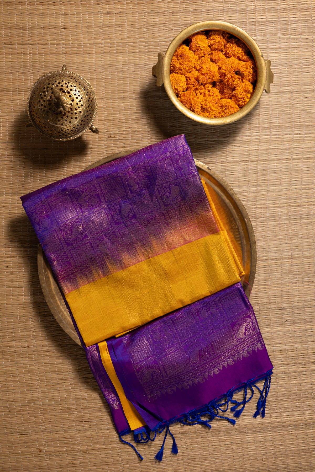 Golden yellow with purple - square annam buttas (Soft Silk)