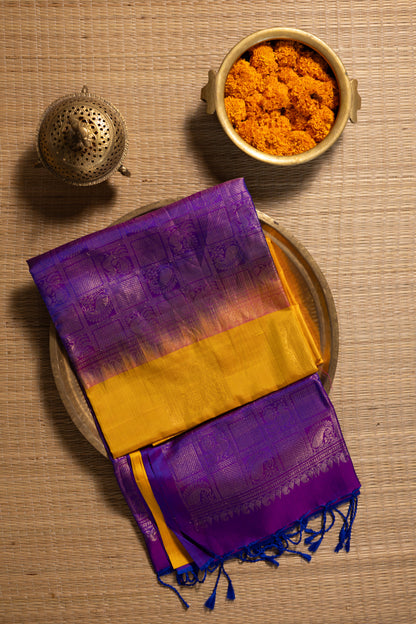 Golden yellow with purple - square annam buttas (Soft Silk)