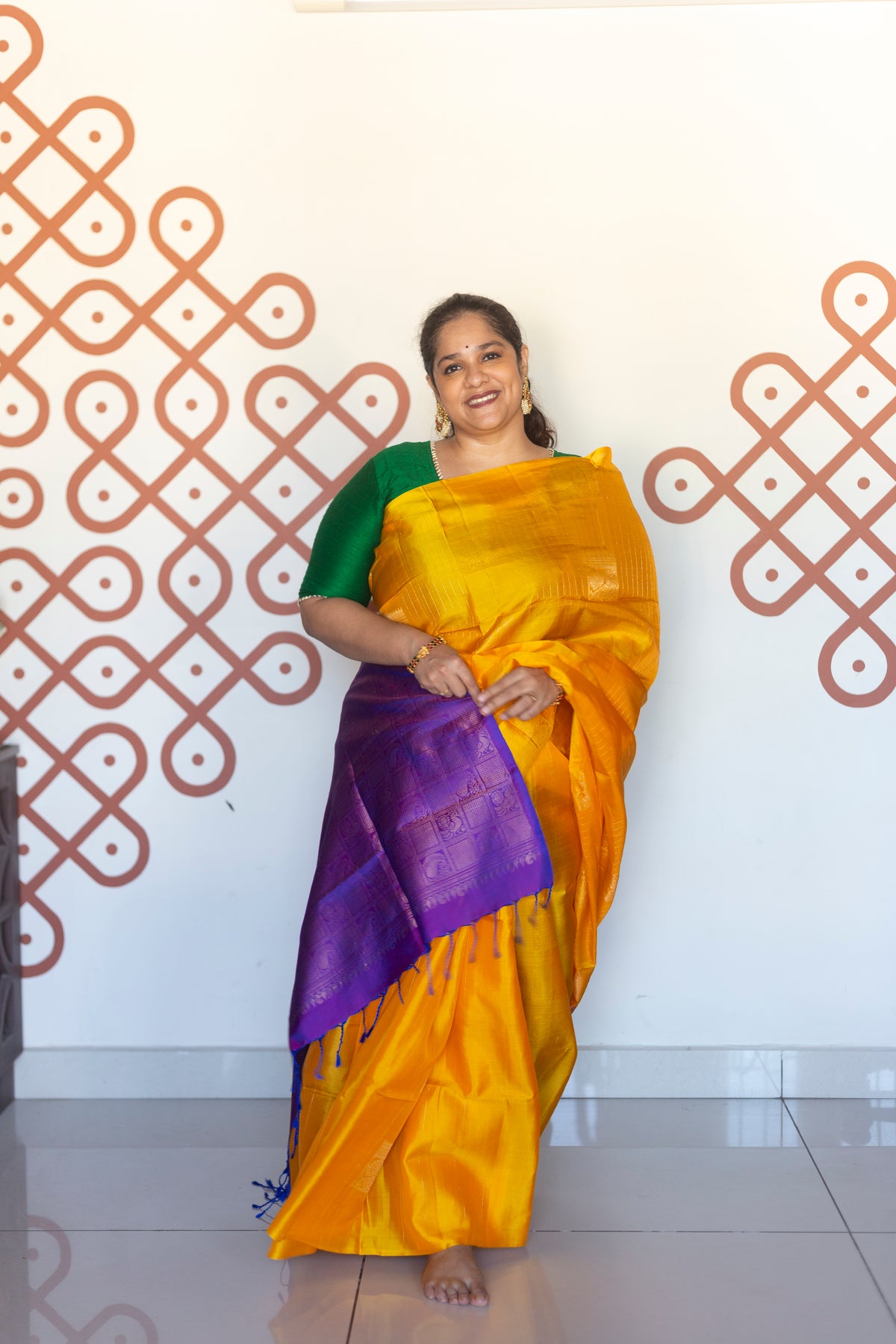 Golden yellow with purple - square annam buttas (Soft Silk)