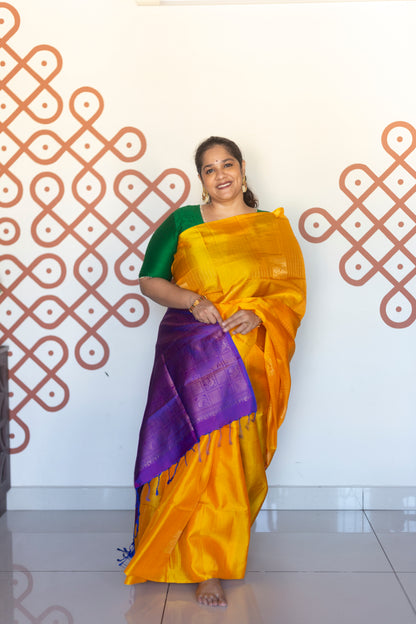 Golden yellow with purple - square annam buttas (Soft Silk)
