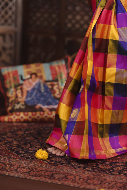 Traditional Paalum pazhamum checks with Hot pink Pallu & Rutraksham Border