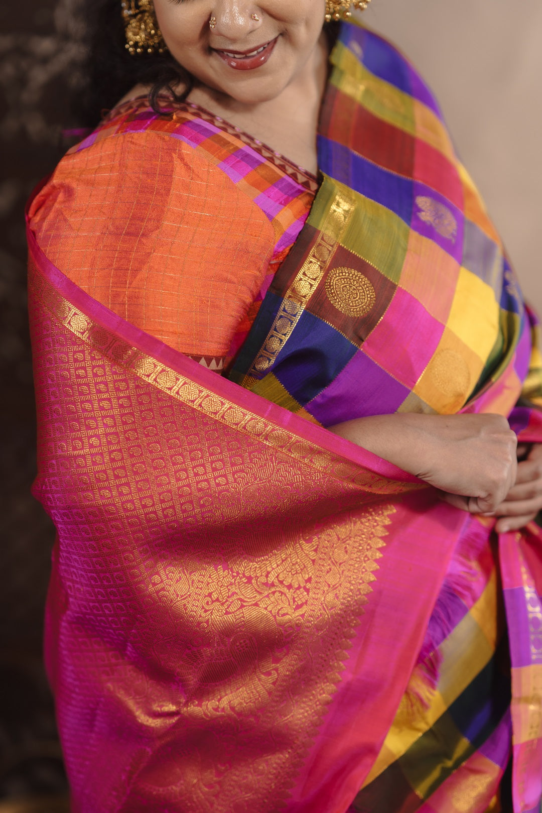 Traditional Paalum pazhamum checks with Hot pink Pallu & Rutraksham Border