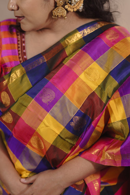 Traditional Paalum pazhamum checks with Hot pink Pallu & Rutraksham Border