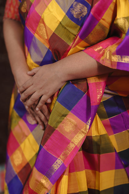 Traditional Paalum pazhamum checks with Hot pink Pallu & Rutraksham Border
