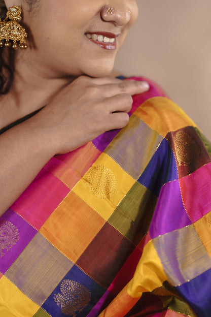 Traditional Paalum pazhamum checks with Hot pink Pallu & Rutraksham Border