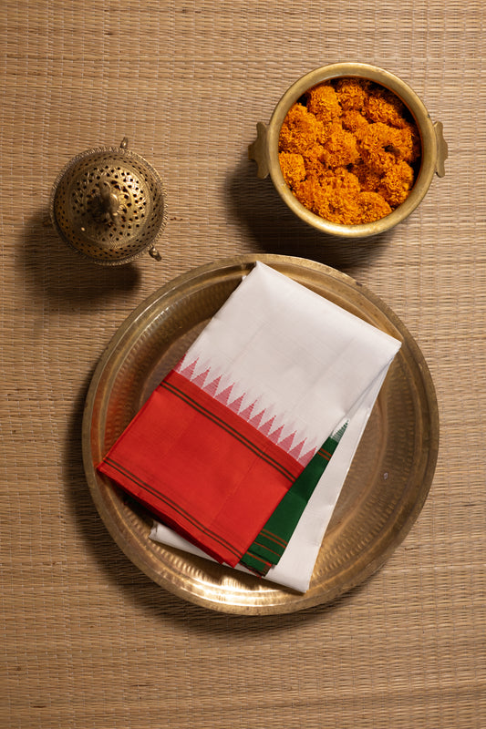 Half white with Orange and Green Ganga Jamuna Border (with Green Pallu)