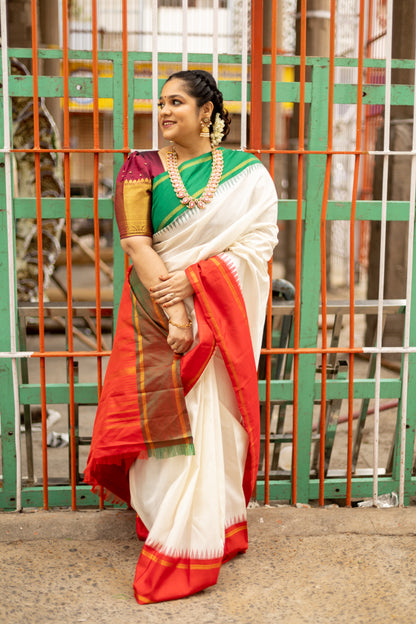 Half white with Orange and Green Ganga Jamuna Border (with Red Pallu)