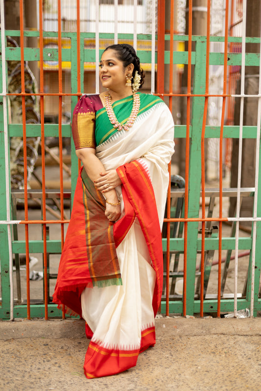 Half white with Orange and Green Ganga Jamuna Border (with Red Pallu)